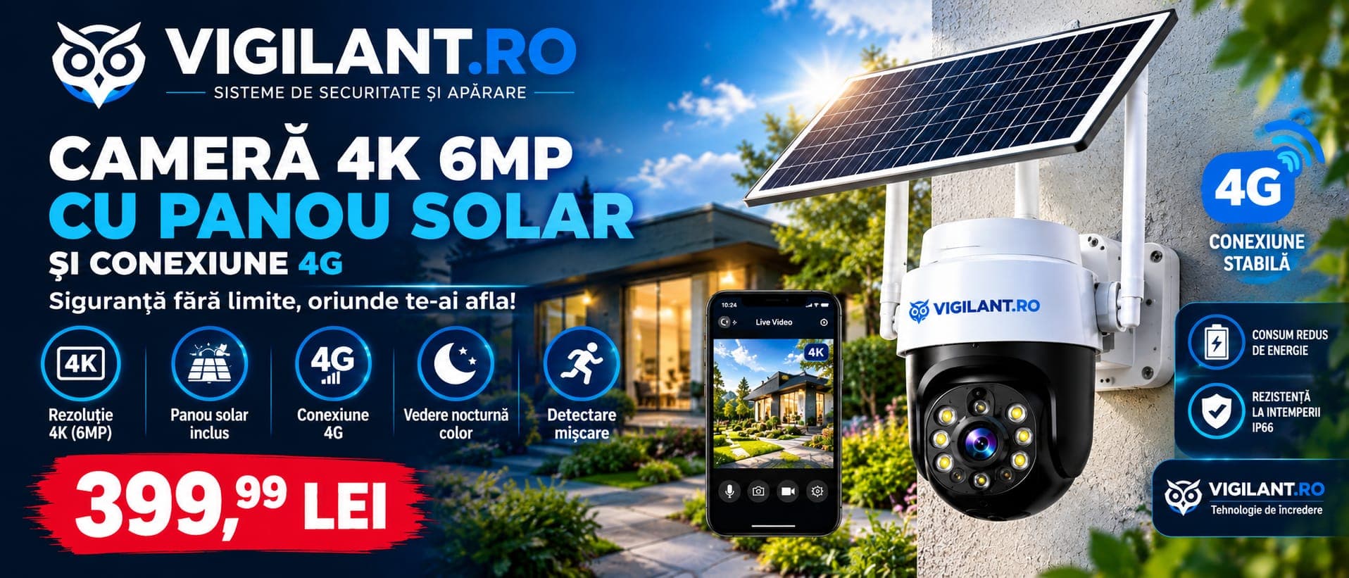 Cameră 4K 6MP cu panou solar și conexiune 4G