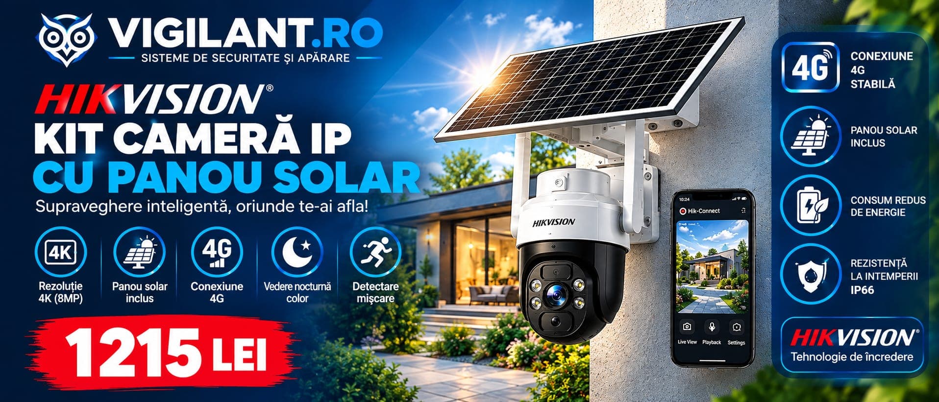 Kit cameră IP Hikvision PT 2MP cu panou fotovoltaic și 4G