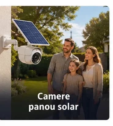Cameră de supraveghere cu panou solar montată pe stâlp