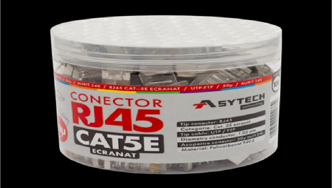 Mufă RJ45 FTP Cat.5e ecranată, pini auriti 50µ, borcan 100 buc. – ASYTECH