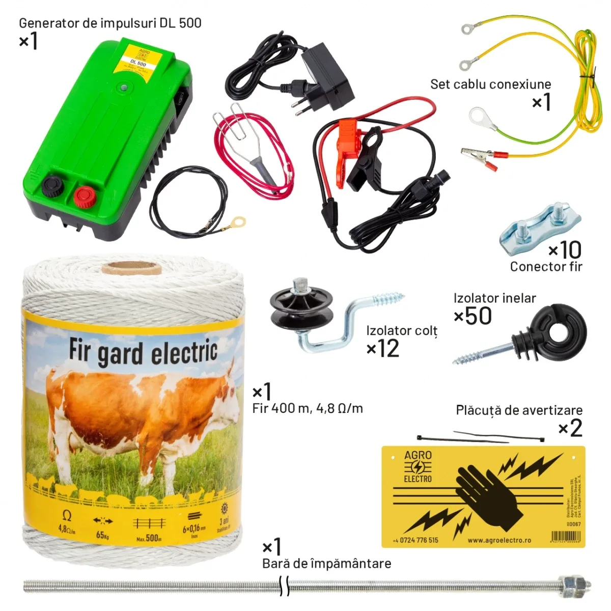Pachet gard electric complet pentru câini (DL 500 + fir 400 m + izolatori)